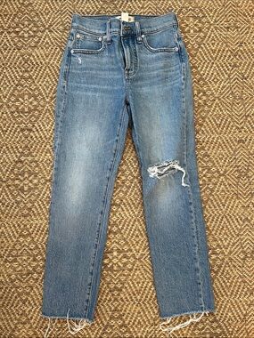 Madewell Mid-Blue High Rise Straight-Leg Jeans with Knee Distress